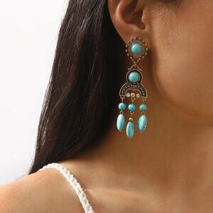 NEW Graciella Turquoise Blue Stone and Gold Boho Drop Statement Earrings